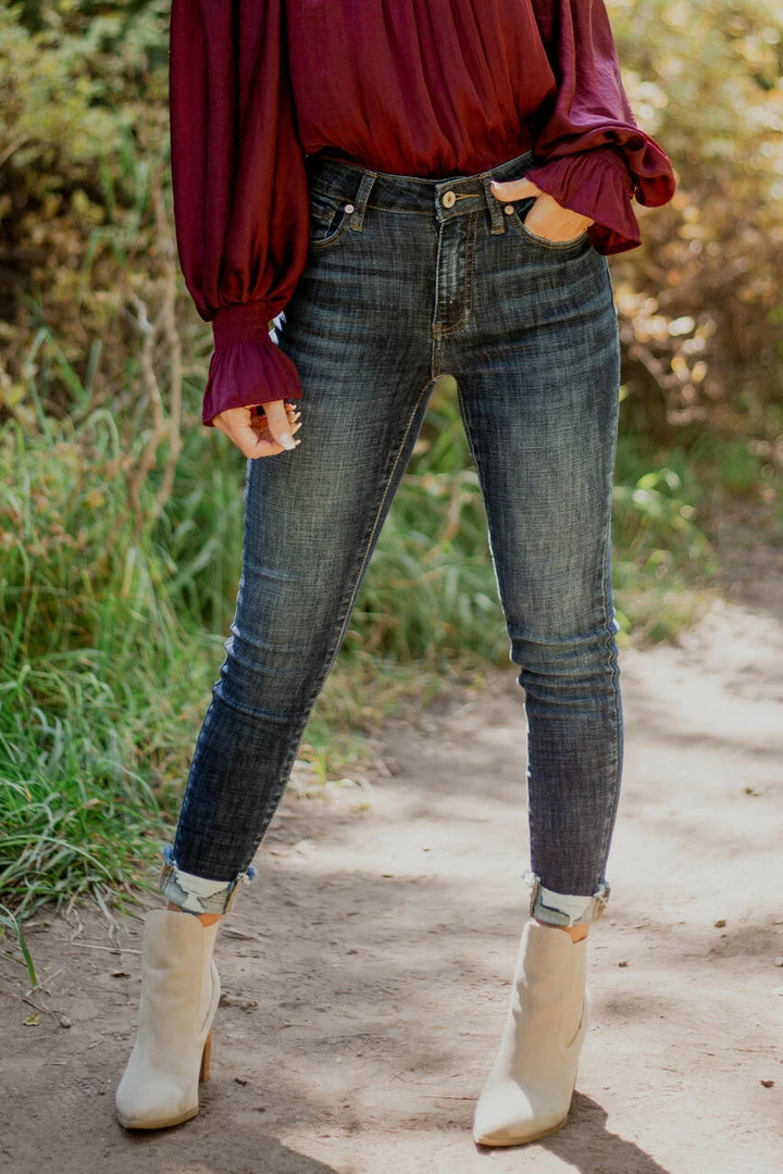 KanCan Dark Wash High Rise Skinny Jeans With Distressed Hemline Bottoms 12 KanCan Dark Wash High Rise Skinny Jeans With Distressed Hemline Bottoms