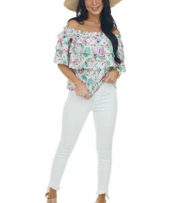 Entro Aquamarine Floral Off Shoulder Overlay Blouse