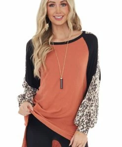 First Love Rust Leopard Print Colorblock Long Sleeve Loose Fit Top