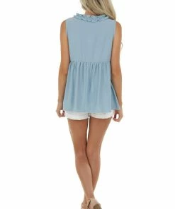 AND THE WHY Slate Blue Sleeveless Top With Ruffle Details Tops