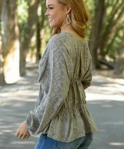 BucketList Taupe Tribal Print Babydoll Bubble Sleeve Top