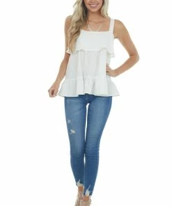 Entro Off White Woven Tank Top With Ruffle Details Tops 14 Entro Off White Woven Tank Top With Ruffle Details Tops