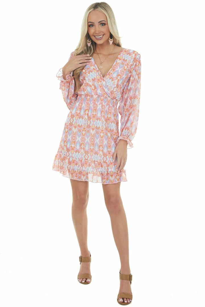 Peach Love Dresses Bubblegum Aztec Surplice Ruffle Short Dress 15 Peach Love Dresses Bubblegum Aztec Surplice Ruffle Short Dress