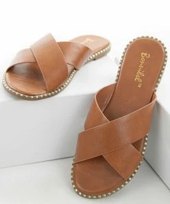 CCOCCI Cognac Criss Cross Slip On Sandals With Metallic Details 13 CCOCCI Cognac Criss Cross Slip On Sandals With Metallic Details