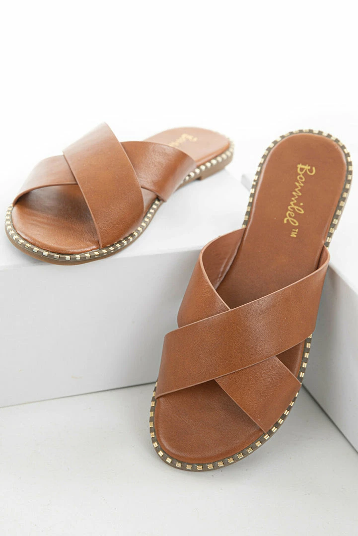 CCOCCI Cognac Criss Cross Slip On Sandals With Metallic Details 7 CCOCCI Cognac Criss Cross Slip On Sandals With Metallic Details