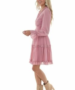 BiBi Dark Blush Sheer Sleeve Frill Tiered Dress Dresses