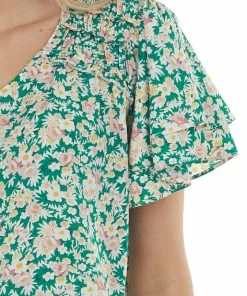 Hailey & Co Jade Floral Print V Neck Flutter Sleeve Blouse