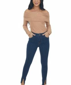 Doe & Rae Tops Dark Apricot Ribbed Knit Folded Off The Shoulder Top