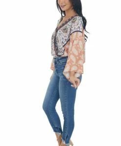 Entro Tops Dusty Peach Multiprint Surplice Bodysuit