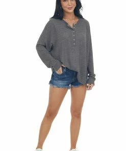 143 Story Tops Charcoal Snap Button Side Slit Waffle Knit Top