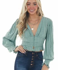 HYFVE Juniper Green Puff Sleeve Plunging Neck Blouse Tops