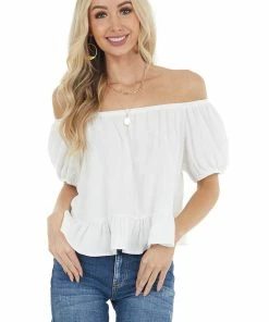 Ces Femme Tops Ivory Short Puff Sleeves Woven Crop Top With Ruffle Detail
