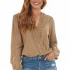 Andree Tops Caramel V Neck Blouse With Crochet Lace