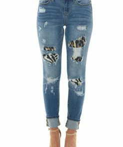 Judy Blue Medium Wash Distressed Skinny Jeans With Leopard Print Patch