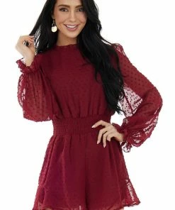 She + Sky Burgundy Swiss Dot Long Puff Sleeve Romper