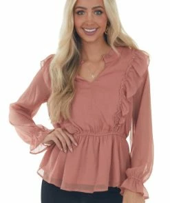 Andree Tops Punch Shimmery Long Sleeve Top With Ruffles