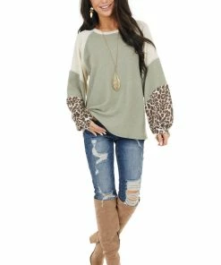 Cotton Bleu Sage And Cream Colorblock Top With Leopard Print Details Tops