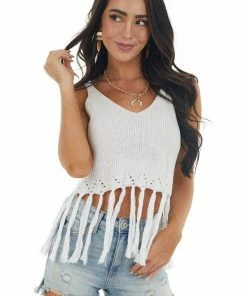 143 Story Off White Sweater Knit Cropped Fringe Tank Top