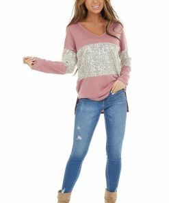BiBi Mauve Sequined Colorblock Long Sleeve Top With Side Slits Tops