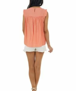 L Love Coral Sleeveless Woven Top With Keyhole Detail