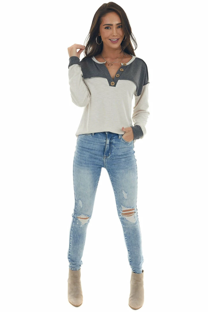 BiBi Charcoal And Cream Button Detailed Knit Top 6 BiBi Charcoal And Cream Button Detailed Knit Top