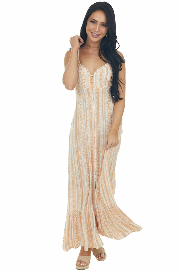 Cozy Co. Dresses Melon And Ivory Printed Button Up Maxi Dress 8 Cozy Co. Dresses Melon And Ivory Printed Button Up Maxi Dress