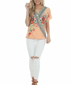 Umgee Melon Multiprint Short Sleeve Surplice Top Tops