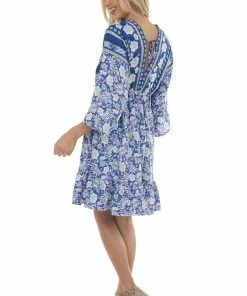 Jodifl Dresses Royal Blue Tropical 3/4 Sleeve Back Tie Dress