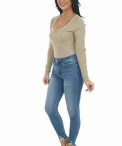 143 Story Dark Khaki Henley Zipper Long Sleeve Bodysuit
