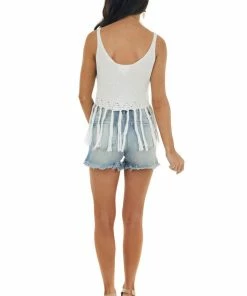 143 Story Off White Sweater Knit Cropped Fringe Tank Top