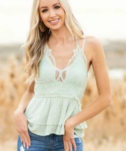 Entro Sage Sleeveless Layered Babydoll Top With Lace Details