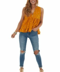 Ces Femme Tops Mango Leaf Print Babydoll Notch Neck Knit Tank