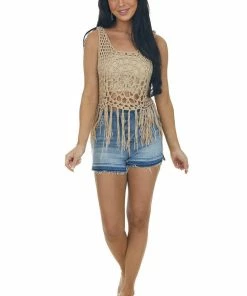 143 Story Latte Sleeveless Open Crochet Top With Fringe Tops