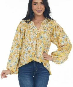 Entro Amber Floral Print Bubble Sleeve Blouse Tops