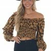 Lush Clothing Black And Copper Floral Cropped Satin Blouse
