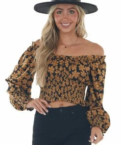 Lush Clothing Black And Copper Floral Cropped Satin Blouse