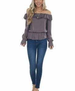 NAKED ZEBRA Dark Mocha Off Shoulder Long Sleeve Blouse Tops