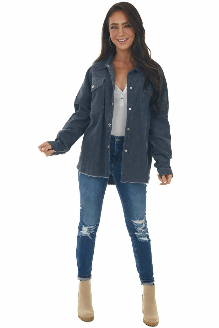 143 Story Tops Stormy Grey Snap Button Down Corduroy Shacket 16 143 Story Tops Stormy Grey Snap Button Down Corduroy Shacket