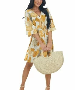 Entro Dresses Ivory And Amber Leaf Print Half Sleeve Dress