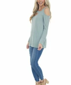 BiBi Seafoam Single Cold Shoulder Waffle Knit Top With Cut Out