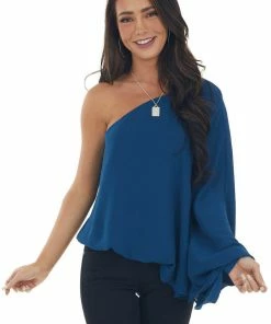 Main Strip Ocean One Shoulder Elastic Hem Flowy Blouse