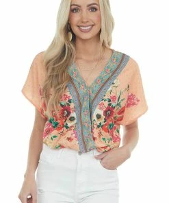 Umgee Melon Multiprint Short Sleeve Surplice Top Tops