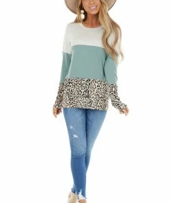 Vanilla Bay Tops Oatmeal And Sage Colorblock And Leopard Print Contrast Top
