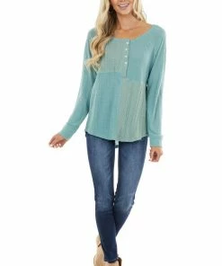Umgee Sage Long Sleeve Top With Buttons And Cable Knit Details Tops