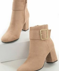 East Lion Corp. Shoes Latte Suede Large Buckle Block Heel Booties