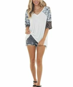 POL Clothing Ivory Super Soft Knit Top With 3/4 Length Multiprint Sleeves 27 POL Clothing Ivory Super Soft Knit Top With 3/4 Length Multiprint Sleeves