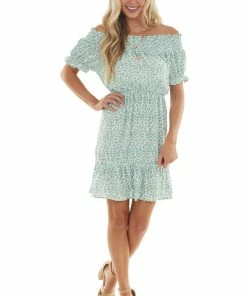 Umgee Arctic Blue Ditsy Floral Off Shoulder Dress