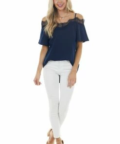 Davi & Dani Navy Blue Cold Shoulder Short Sleeve Blouse With Lace Tops