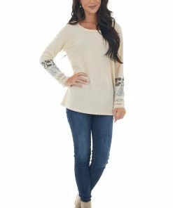 BiBi Beige Long Sleeve Waffle Knit Top With Multiprint Cuff Tops