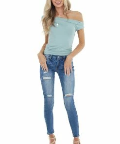 SANS SOUCI Tops Sage Sleeveless Off Shoulder Top With Draped Neckline